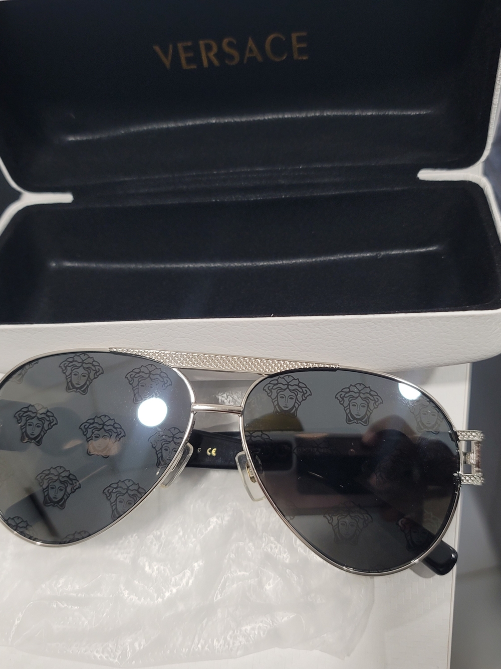 Versace Silver Aviator Sunglasses with Dark Gray Lenses